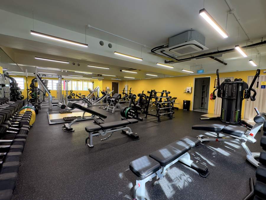 Wide view of the free weights floor with dumbbell racks, benches and plate-loaded machines against a yellow wall