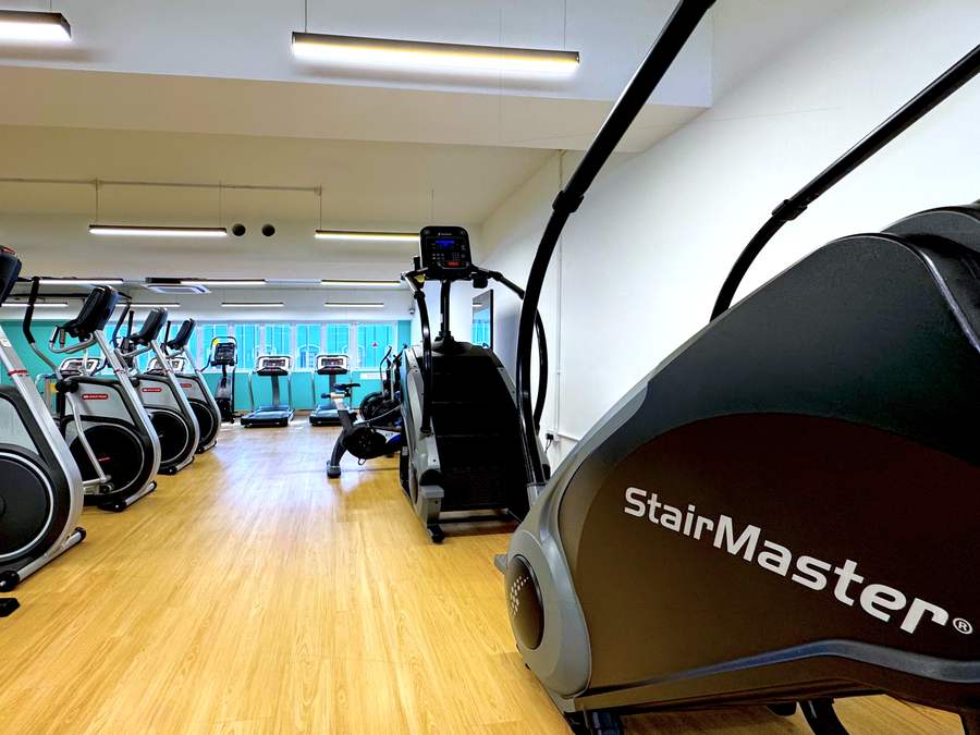 StairMaster stepper in the foreground with the Gauntlet climber and a row of Star Trac machines behind