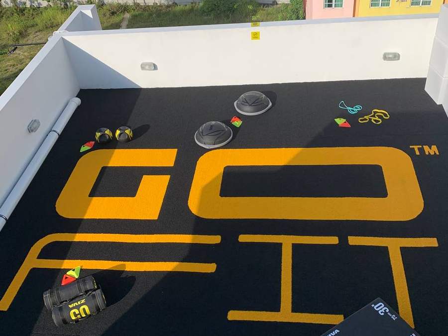Rooftop turf marked with the GoFit logo, laid out with Bosu domes, sandbags, dumbbells, resistance bands and a plyo box